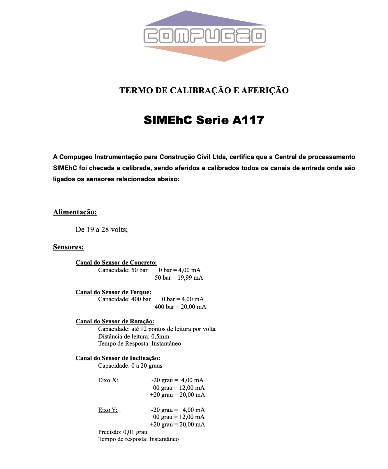 Modelo do certificado de calibração Compugeo